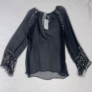 Vtg Silk Sheer Black Top Silver Sequin 6 Long Sleeve Boho Deadstock Fairy Grunge